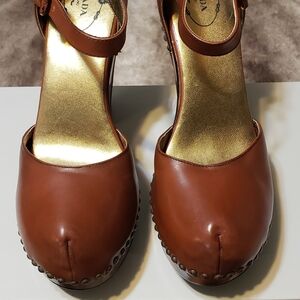 Prada Brown Leather Platforms Heels with Gold Accents